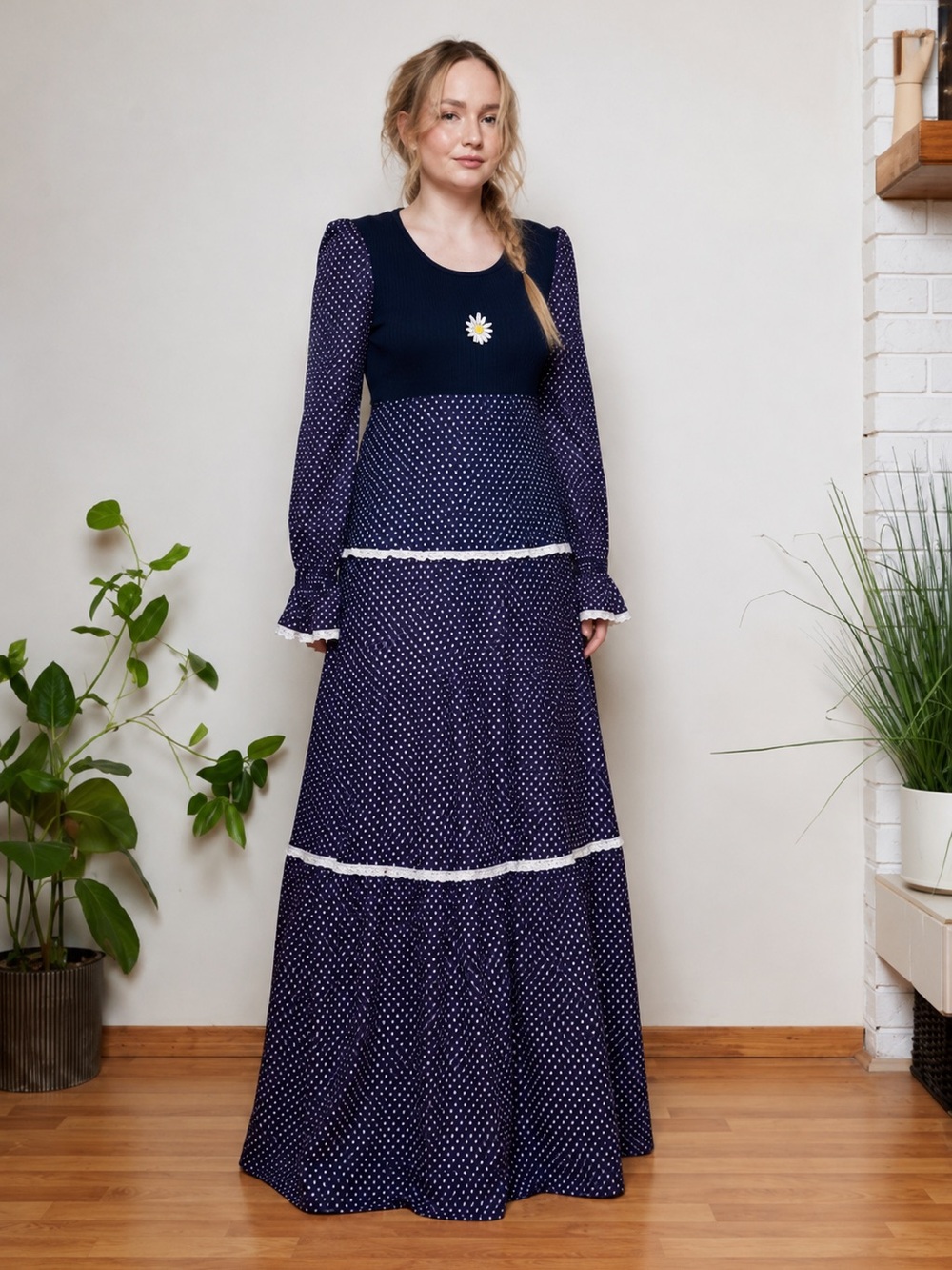 Vintage 70s Blue Polka Dot Tiered Daisy Dress S  